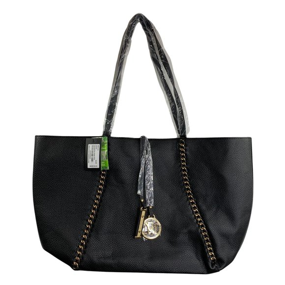 Badgley Mischka Decorative Chain Tote Bag Black Pebbled Vegan Leather NWT - Picture 1 of 7